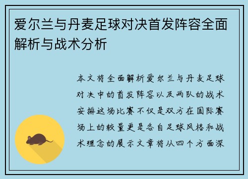 爱尔兰与丹麦足球对决首发阵容全面解析与战术分析